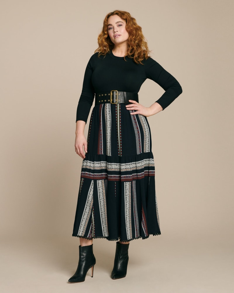 Front of a model wearing a size IT 50 Smocked Midi Skirt in Navy Multi by Derek Lam. | dia_product_style_image_id:226718